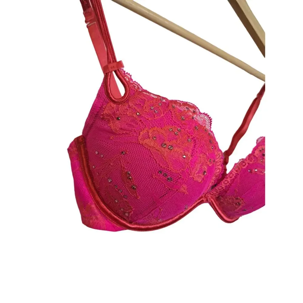 Victoria's Secret Sexy Little Things Pink Lace w/ Crystal's Push Up Size 34C